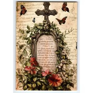 Vintage Halloween Photochrome Postcard Floral Cross & Butterflies